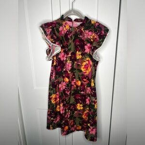 THML Floral Flutter Pom Pom Sleeve Sheath Dress Women's Size Small
